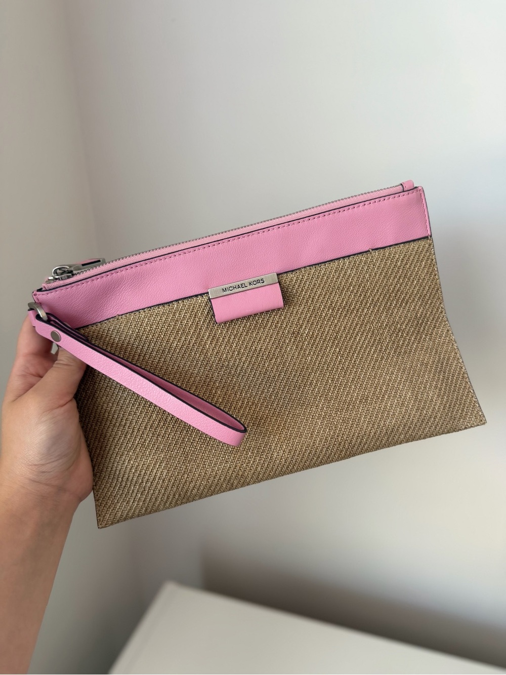 Michael Kors Pink Trim Straw Wristlet Clutch